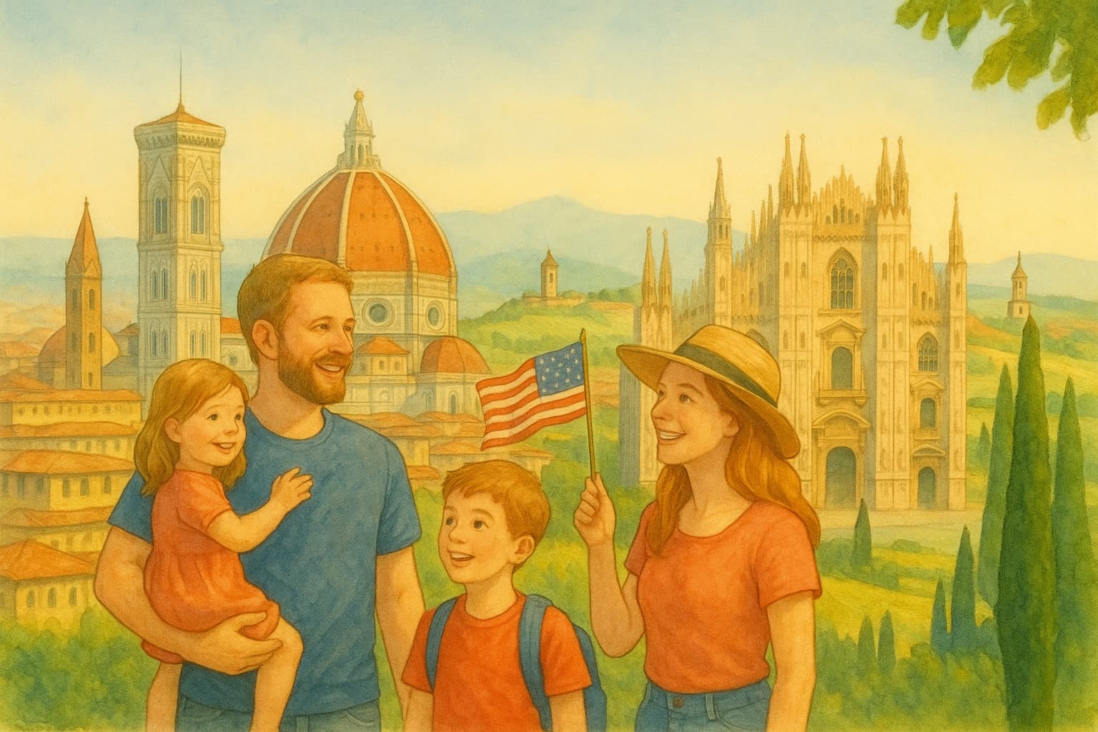 Watercolor illustration of an American family with two children waving a small U.S. flag, Florence's and Milan's cathedrals behind them