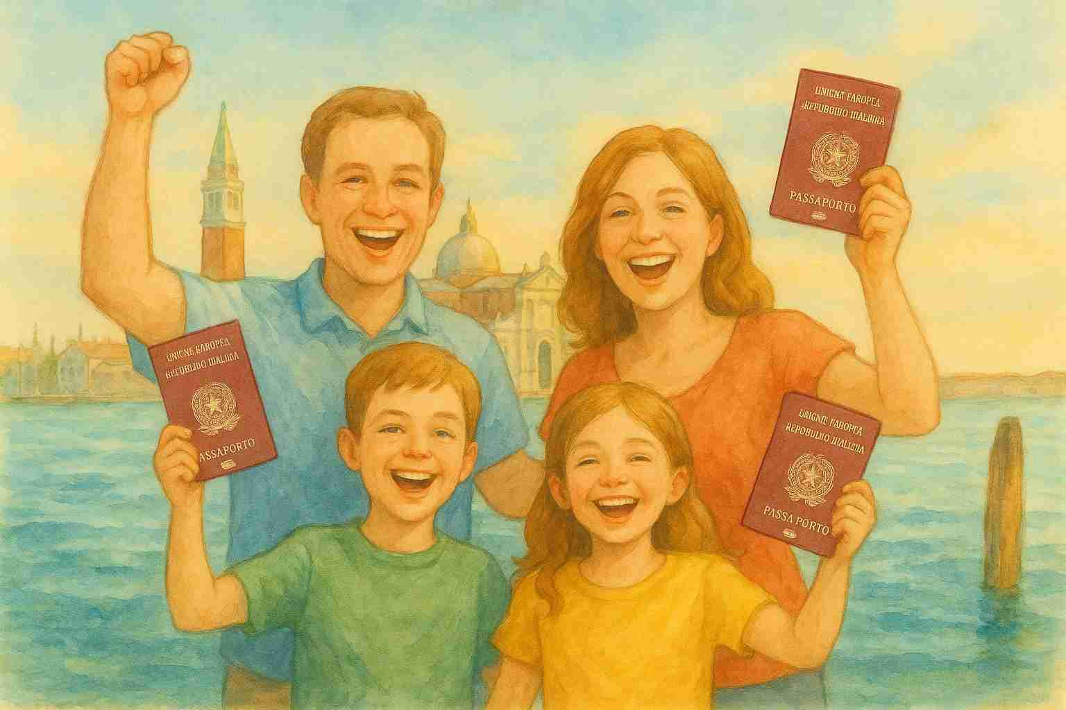 Watercolor illustration of a family of four on the Venice lagoon, raising their new Italian passports in celebration