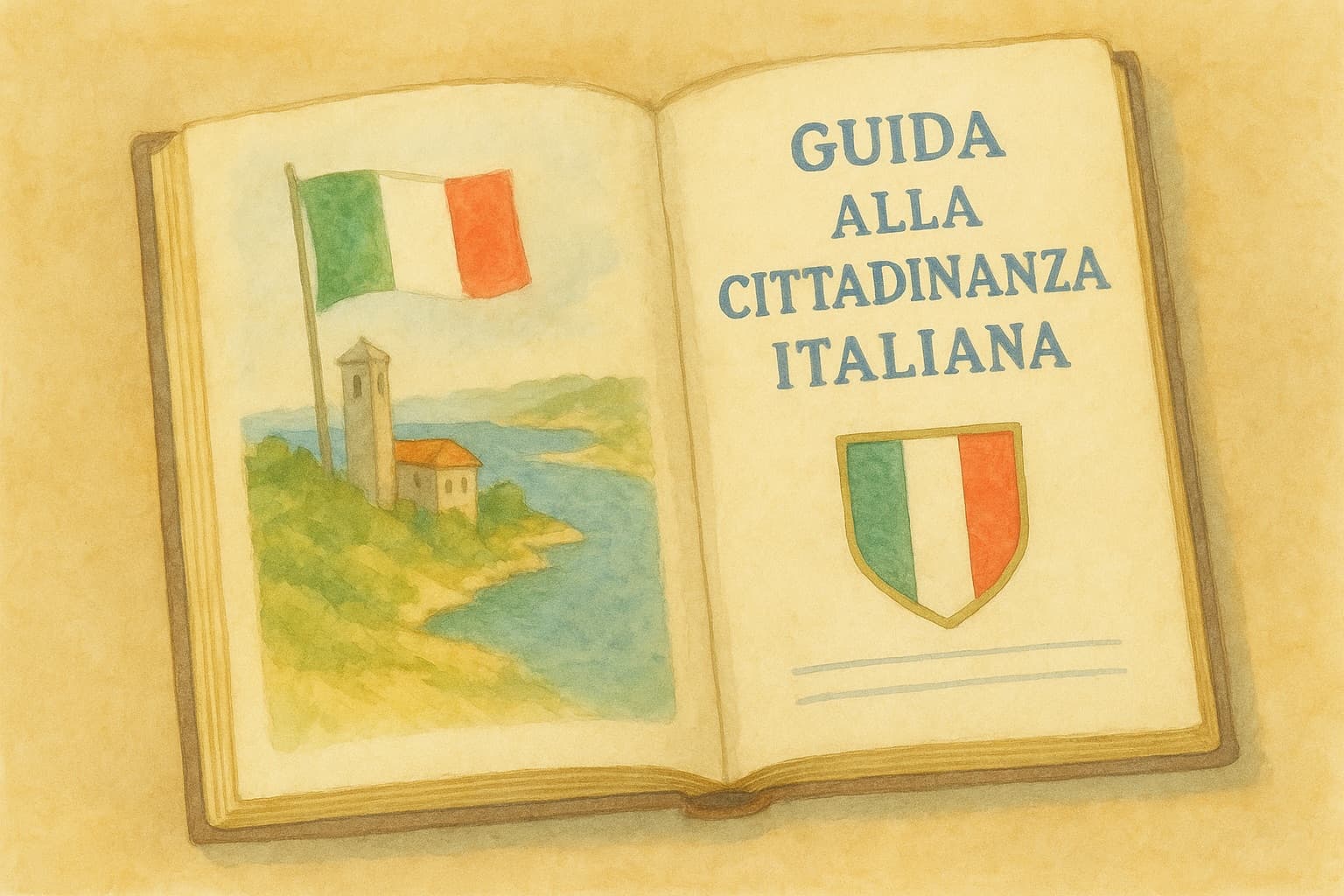 Watercolour illustration of an open book titled “Guida alla cittadinanza italiana”, the facing page painted with an Italian lakeside village flying the tricolour