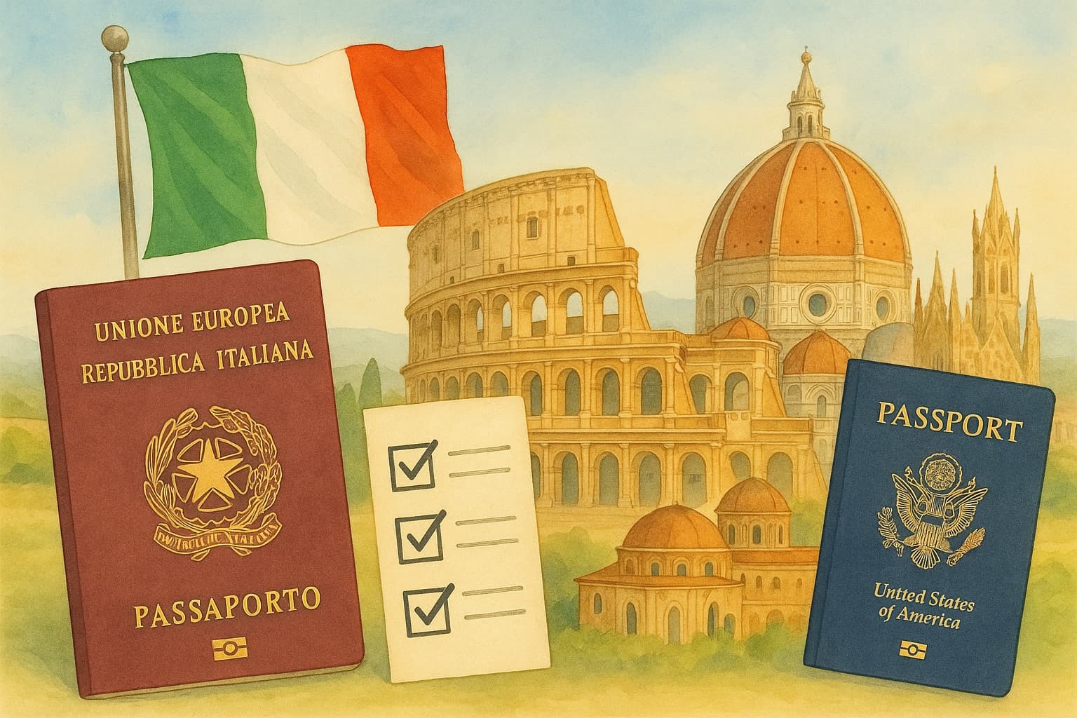 Watercolor still life of an Italian flag, an Italian passport, a U.S. passport and a ticked eligibility checklist, with the Colosseum and Florence's Duomo beyond