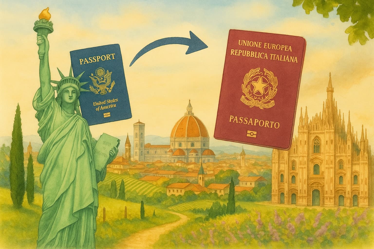 Watercolor illustration of a U.S. passport held by the Statue of Liberty, an arrow leading to an Italian passport, with Florence's and Milan's cathedrals across the countryside