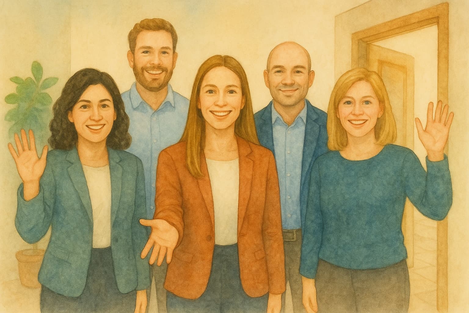 Watercolour illustration of five smiling colleagues waving a welcome in a sunlit office