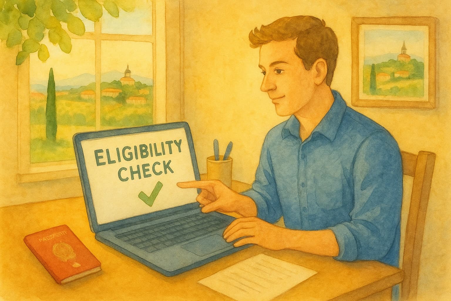 Watercolor illustration of a man at a laptop showing an eligibility check marked with a green tick, an Italian passport on the desk and Tuscan hills through the window