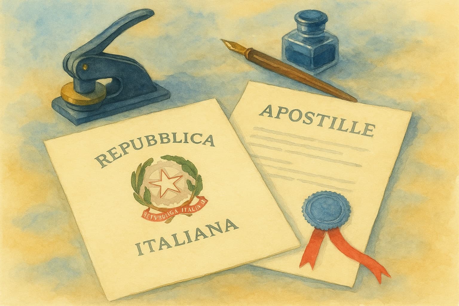 Watercolor illustration of an Italian civil record beside an apostille certificate with a wax seal and ribbon, an embossing press and a fountain pen