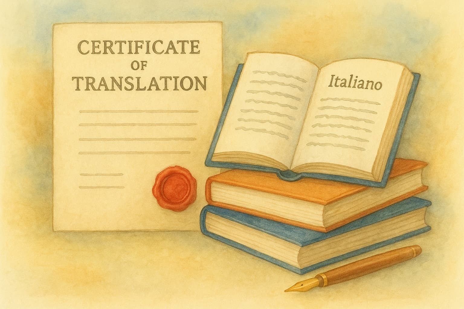 Watercolor illustration of a certificate of translation with a red wax seal beside an open Italian dictionary, a stack of books and a fountain pen
