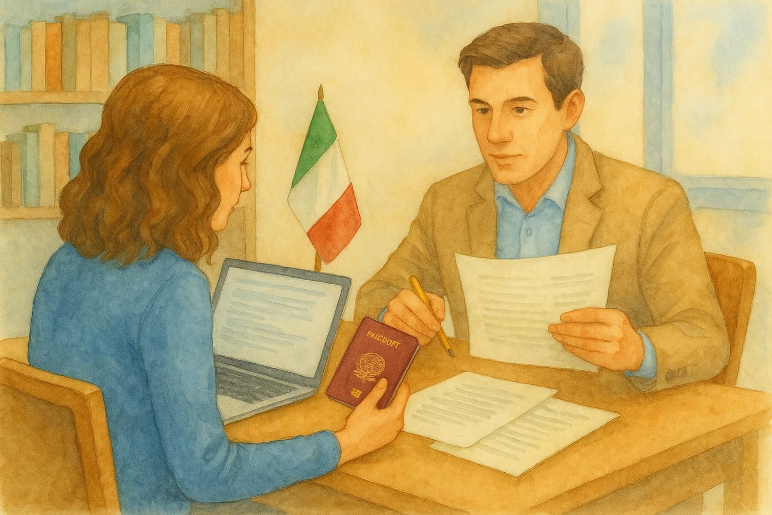 Watercolor illustration of an advisor and a client reviewing an Italian citizenship dossier across a desk, a small Italian flag and a passport between them