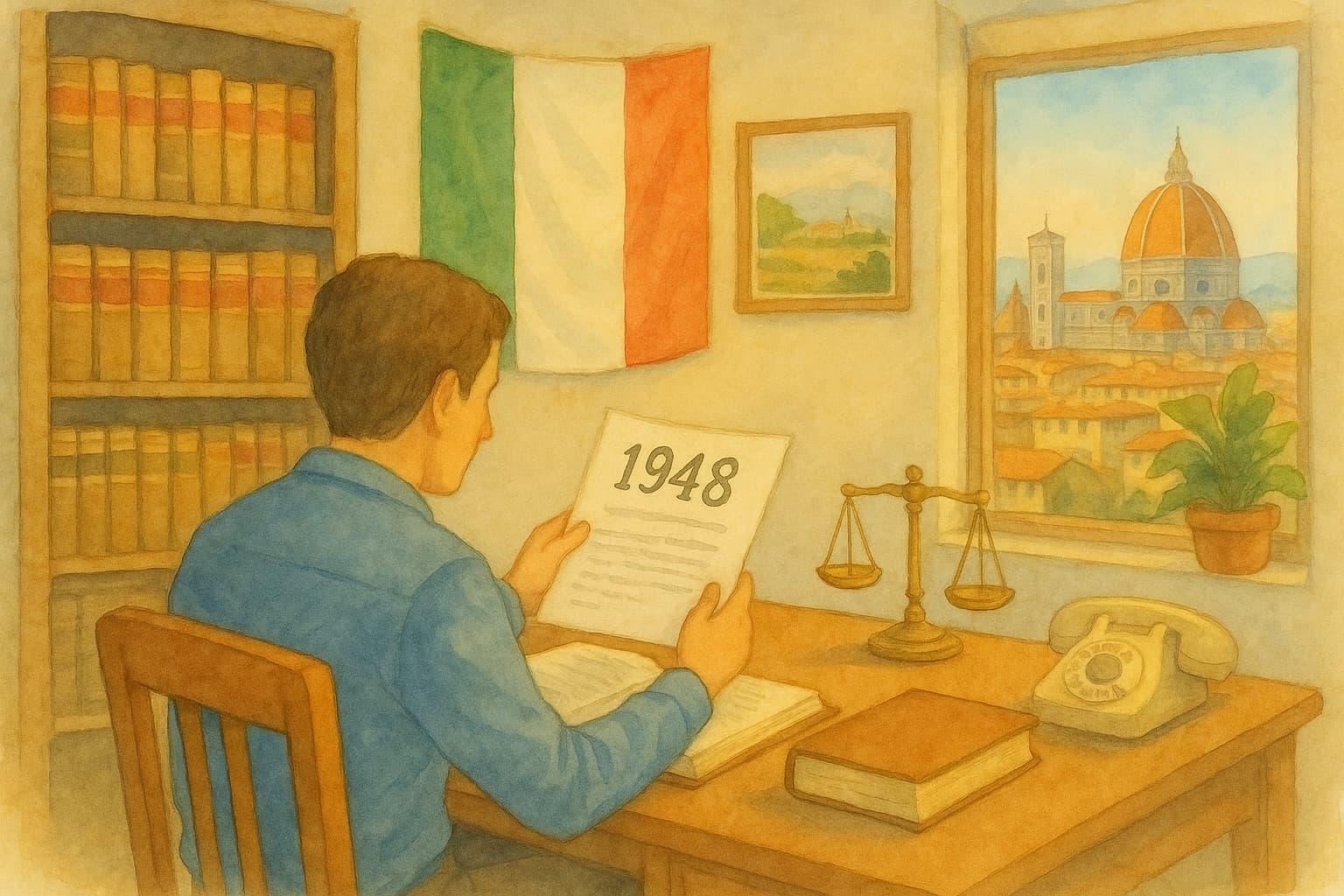 Watercolor illustration of a lawyer in a law library reading a file headed 1948, scales of justice on the desk and Florence’s Duomo through the window