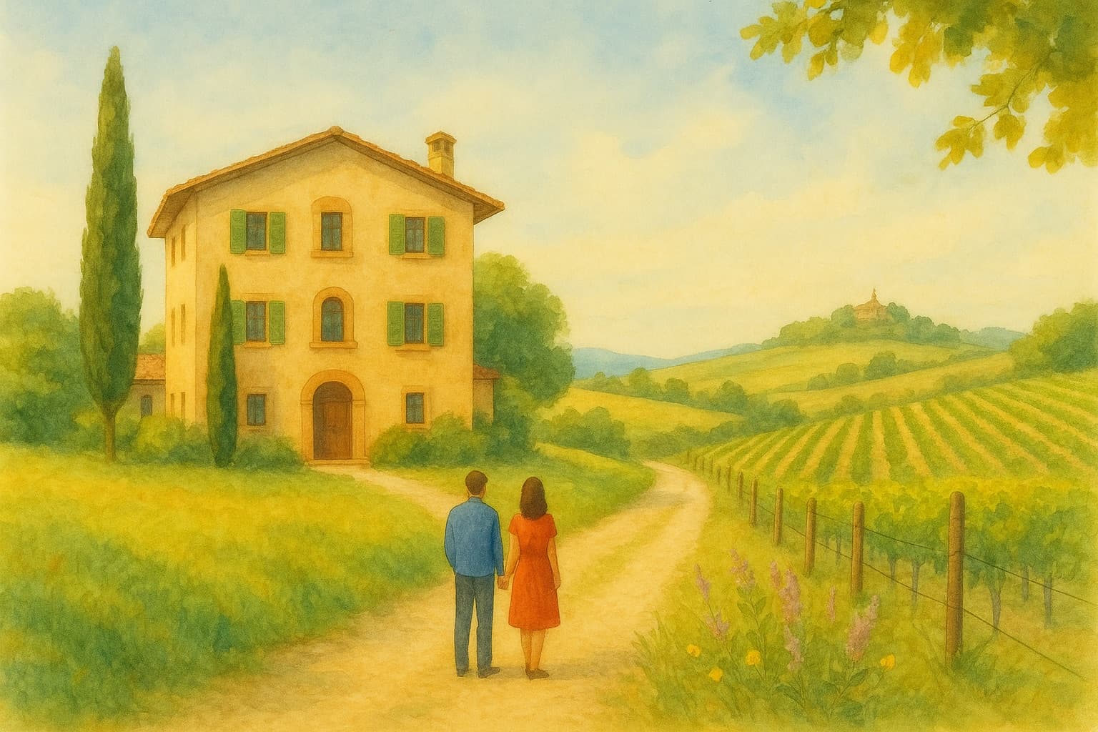 Watercolor illustration of a couple walking hand in hand along a country lane toward an Italian villa, vineyards and cypresses on either side