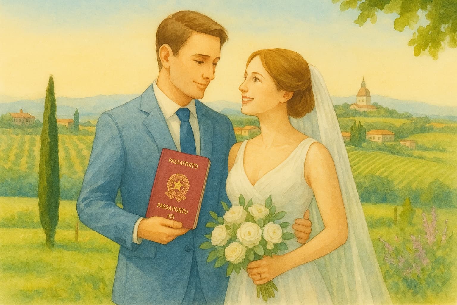 Watercolor illustration of a newly married couple in the Italian countryside, the groom holding an Italian passport and the bride a bouquet of white roses
