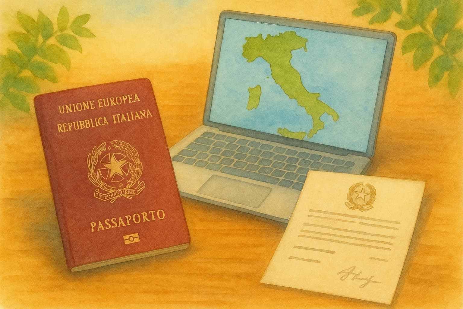 Watercolor illustration of a burgundy European Union / Repubblica Italiana passport lying on a desk beside a laptop showing a map of Italy, a sealed certificate alongside