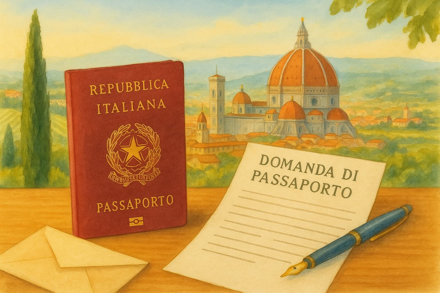Watercolor illustration of an Italian passport standing beside a “domanda di passaporto” application form and a fountain pen, Florence’s Duomo in the distance