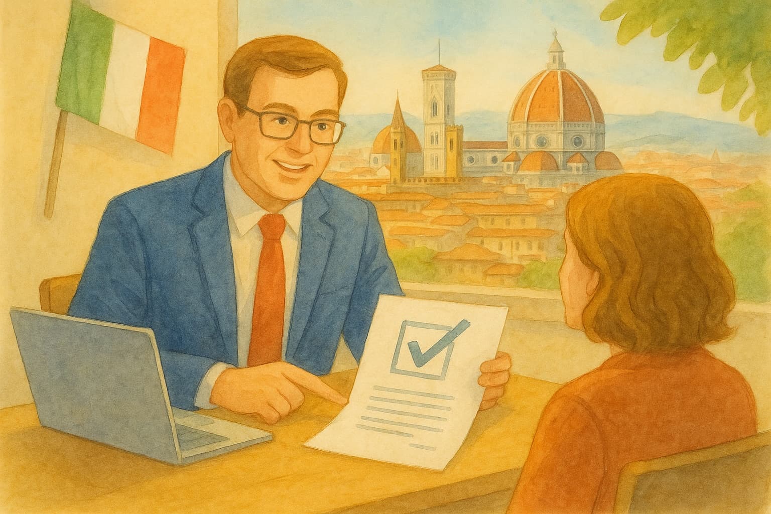 Watercolor illustration of an advisor showing a client an approved, tick-marked document, an Italian flag beside them and Florence’s skyline beyond