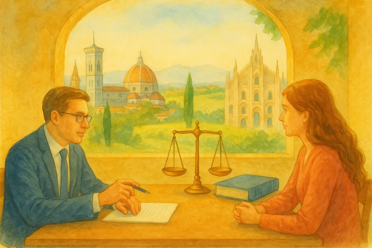 Watercolor illustration of a lawyer advising a client across a table, brass scales of justice between them and Florence’s and Milan’s cathedrals through the arched window
