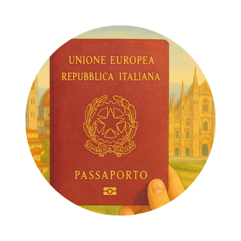 Watercolor medallion illustration of a hand holding an Italian passport, the Duomo of Milan rising behind it