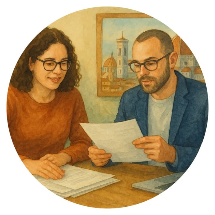 Watercolour illustration of a woman and a man reading a document together at a table, a framed view of Florence on the wall behind them