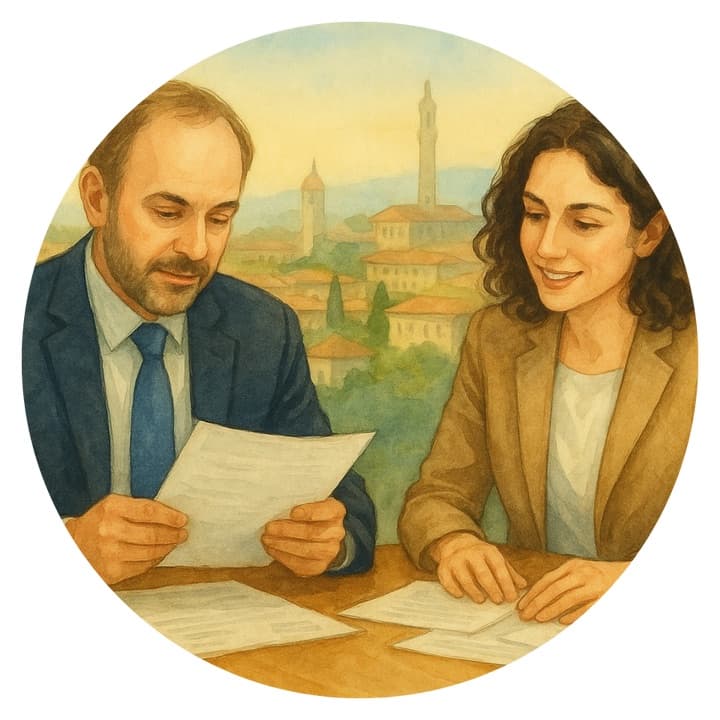 Watercolour illustration of two people reading a document together at a table, an Italian hill town beyond