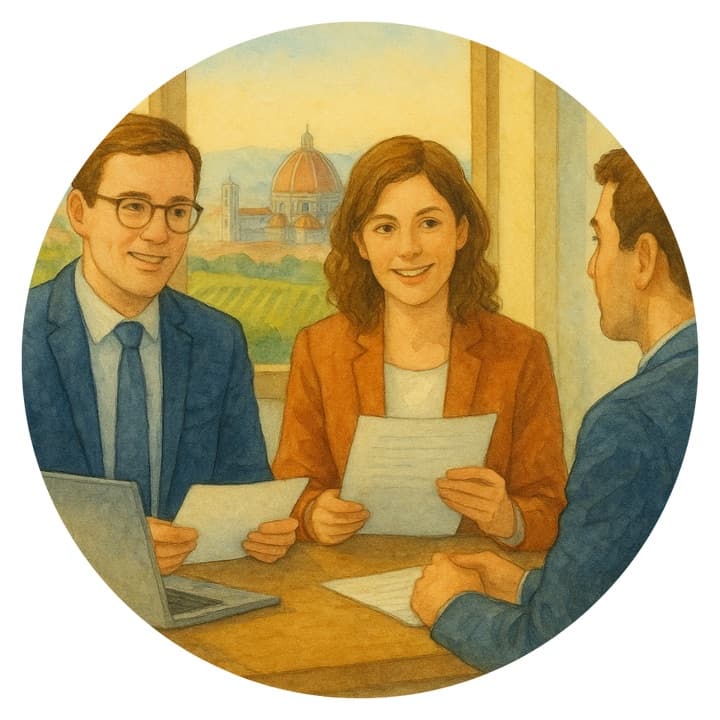 Watercolour illustration of three people around a table going through a document together, Florence's Duomo through the window behind them