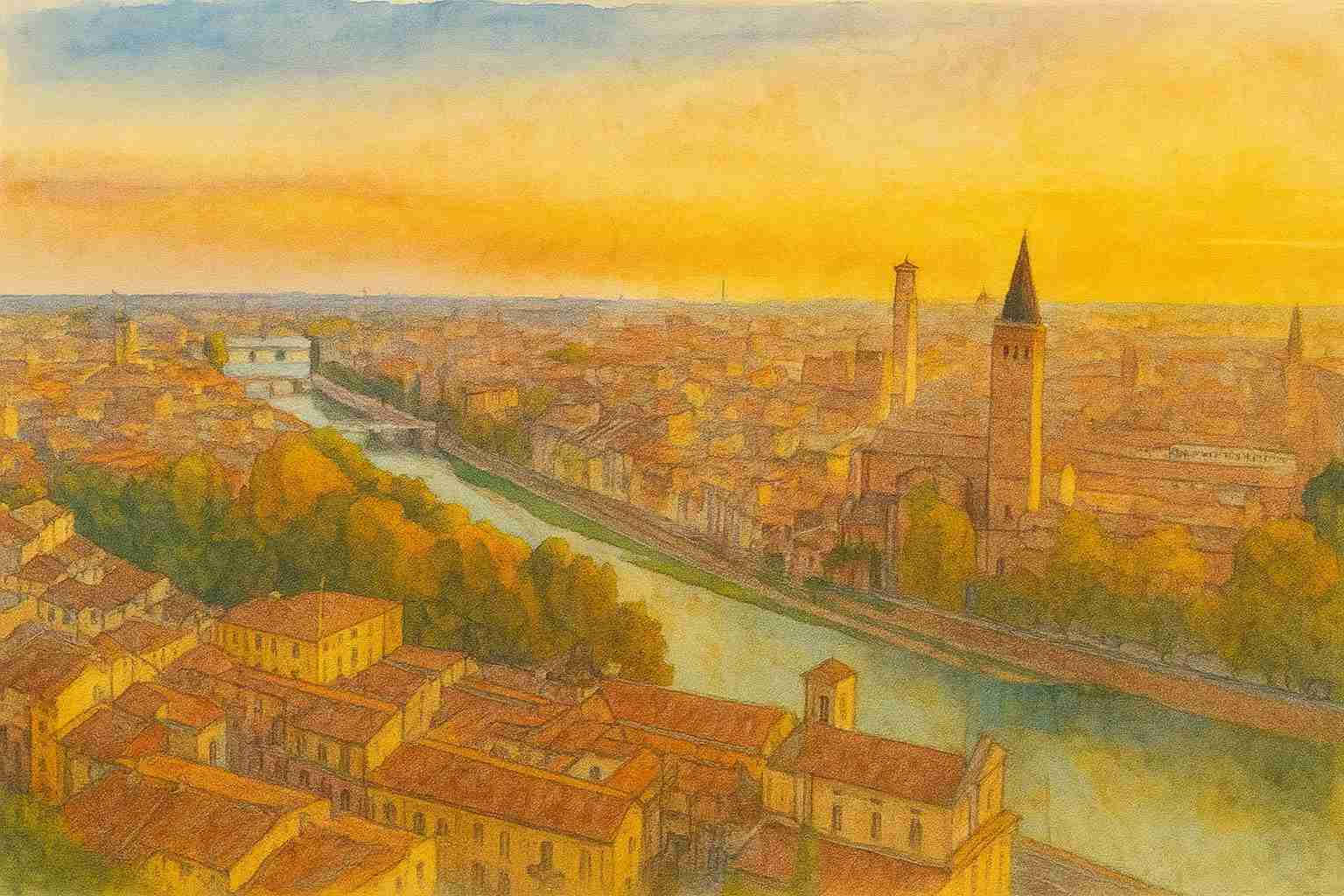 Aerial watercolor view of Verona at golden hour, the river Adige curving through the old town below its bell towers
